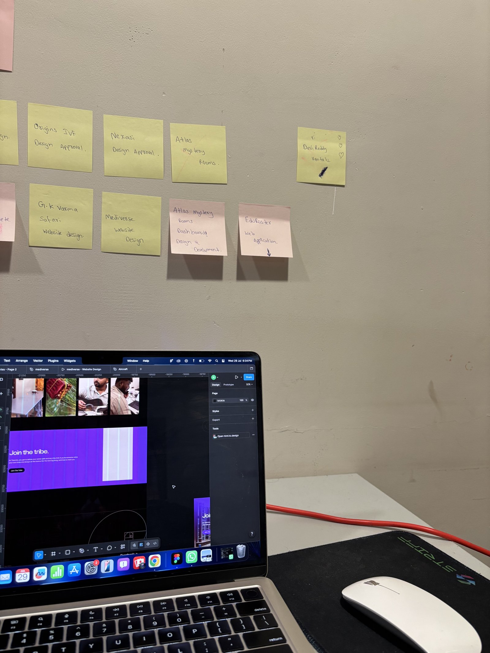 Theories workspace — laptop and sticky notes on the wall