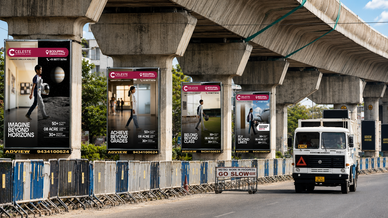 Celeste street posters on transit pillars under an overpass