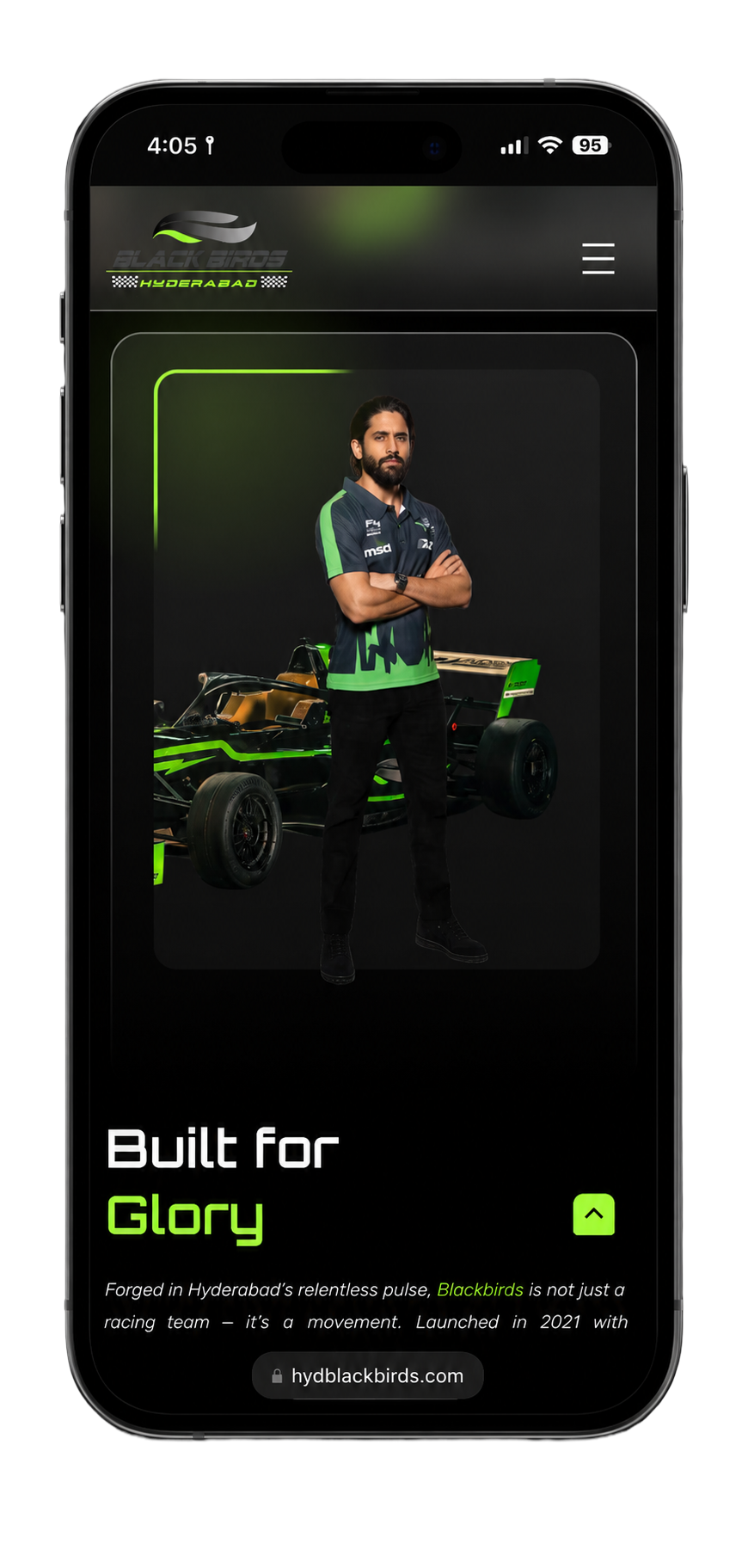 HBB mobile UI — home hero with racing car