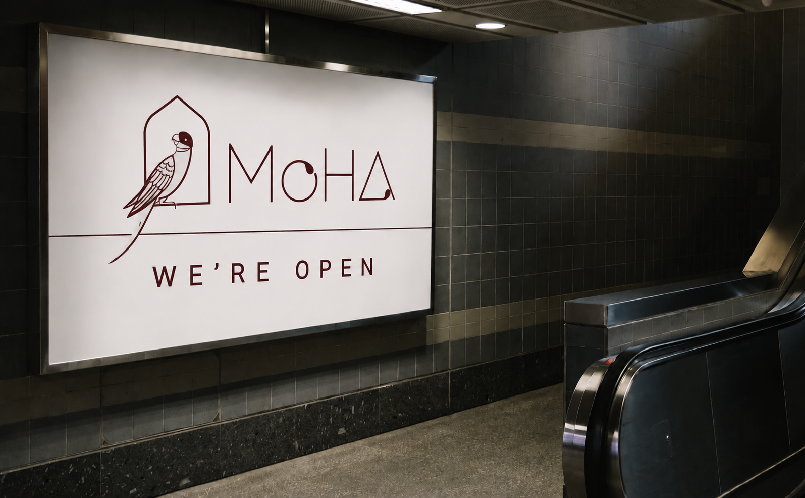 MoHa outdoor pillar sign — We're Open
